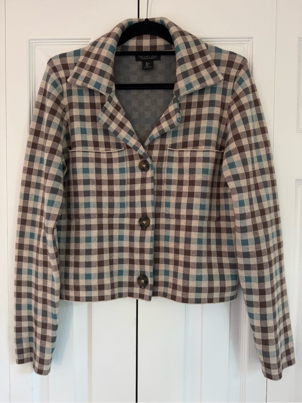 Rachel Zoe Plaid Cropped Shacket Sweater Jacket With Front Pockets Size L